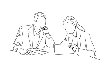 Candidate Evaluation Meeting. Recruitment Online and offline Concept. Single line draw design. Vector graphic illustration