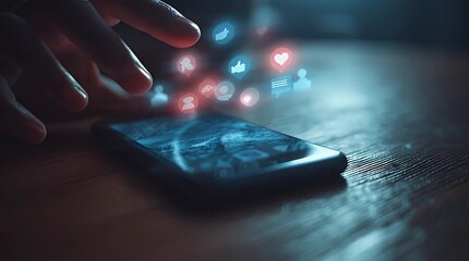 Hand Tapping Smartphone Screen with Glowing Social Media Icons for Likes Comments Shares Followers Engagement Digital Marketing Connection Online Network