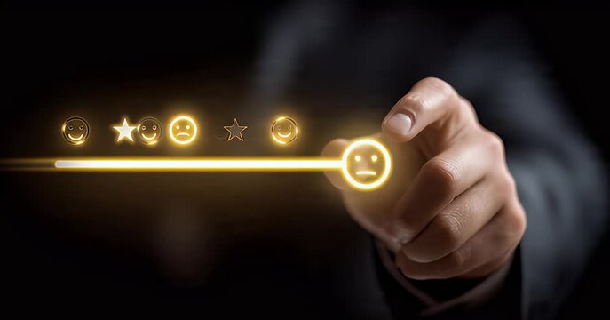 Hand selecting unhappy face on customer satisfaction rating scale feedback survey evaluation form business analytics data report concept