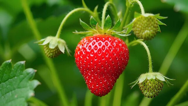 Fresh ripe strawberry hanging from green plant stem