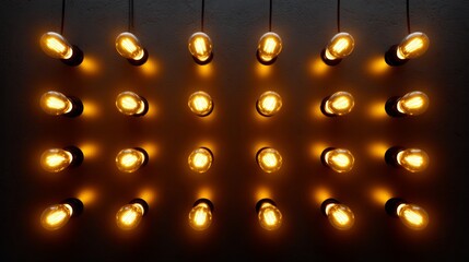 Vintage light bulbs arranged in a grid pattern, casting a warm glow against a textured wall, creating an inviting atmosphere for interior design and ambiance enhancement