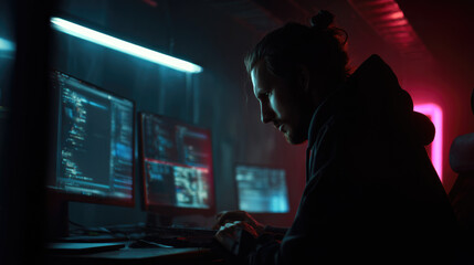 Focused male programmer with man bun coding on multiple monitors in neon-lit dark cyberpunk hacker room atmosphere
