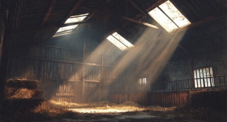 Sunlight streams into a rustic barn