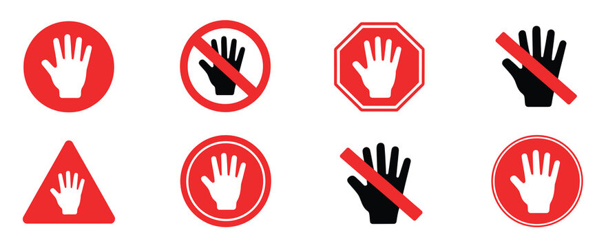 No touch and no entry signs with hand symbol, showing forbidden and prohibited icons, ideal for safety alerts, restricted zones, warning graphics, and vector illustration projects.