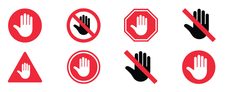 Red forbidden signs featuring don&rsquo;t touch icons, no entry hand labels, ban or prohibited symbols, suitable for safety signage, restricted areas, and vector illustration projects.
