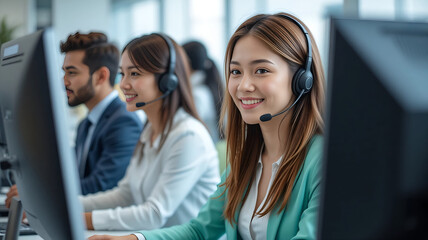 Diverse team of smiling call center agents with headsets working at computers in bright office, professional customer support and telemarketing services.