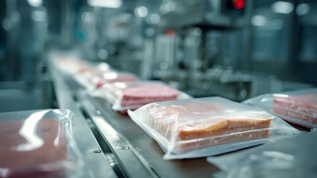 Medium shot of vacuumsealed meat products highlighting airtight packaging and extended freshness on a clean production line.
