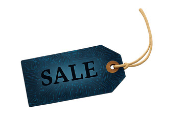 blue technology sale tag with digital circuit board pattern
