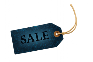 blue technology sale tag with digital circuit board pattern