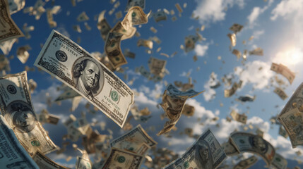 Falling dollar bills against blue sky with clouds - money, currency, finance, wealth, banknotes, cash, economy, financial