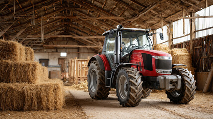 Modern tractor in rustic barn with hay bales on wooden floor in agricultural farm