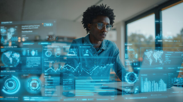 Black man analyzing digital data with futuristic holographic interface in modern workspace with global charts and graphs - Powered by Adobe