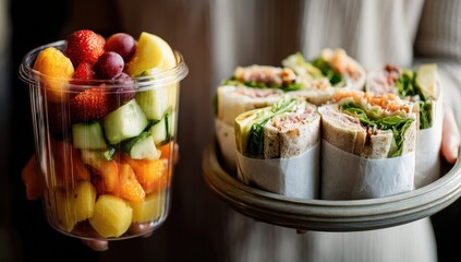 Close-up of hands holding a container of fruit and a plate of wrapped sandwiches