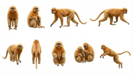 Multiple poses of golden monkey in playful and relaxed positions  