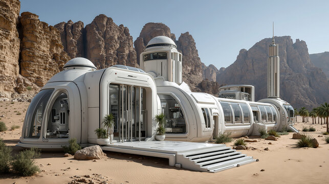 Futuristic space colony habitat with dome and tower in arid desert landscape with rocky cliffs and palm trees