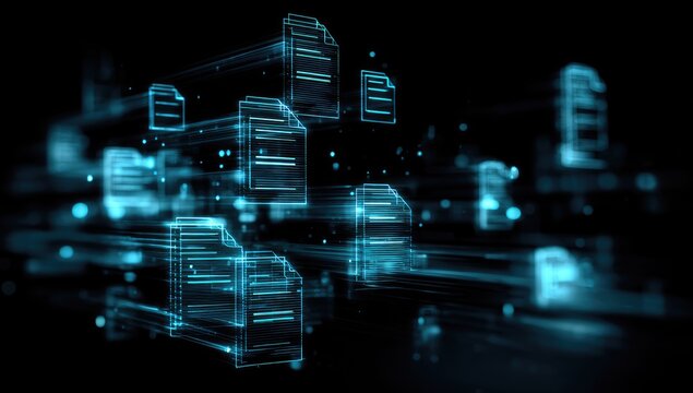 Digital data concept with translucent floating document icons on a dark background - Powered by Adobe