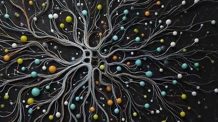 Abstract digital illustration with branching structures and colorful spheres against dark background