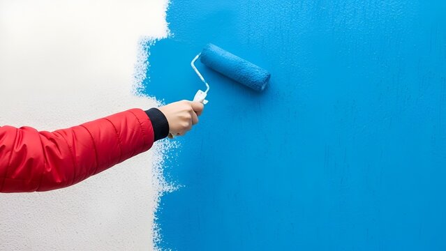 A person in red coat using blue paint roller, transforming white space, leaving vibrant hues - Powered by Adobe