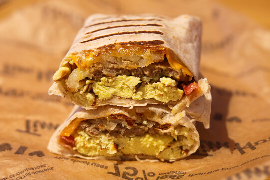 Toronto, Canada - September 15, 2025: Maple Brown Butter Scrambled Egg Loaded Wrap from Tim Hortons.