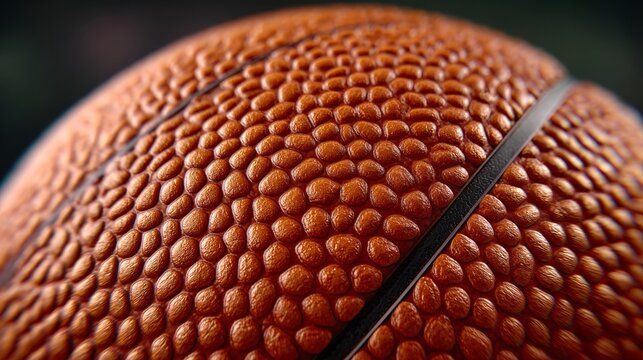 Close-up view of a textured basketball showcasing its intricate surface details, emphasizing the grip and craftsmanship, ideal for sports-related themes and visual storytelling