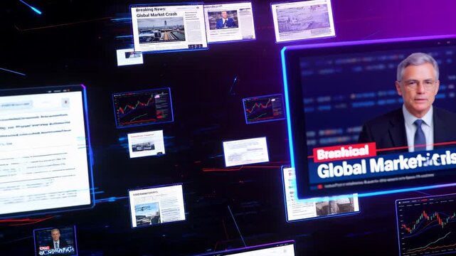 Anchor reporting on market crash and political turmoil through floating news screens in abstract digital space. Headline displaying financial crisis and instability