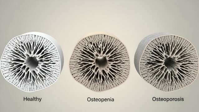 Comparative bone structure depicting health, osteopenia and osteoporosis progression illustration