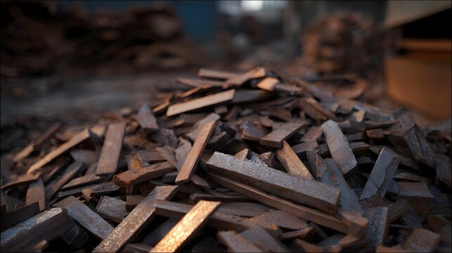A pile of sharp rusty metal offcuts scattered in an industrial yard at dawn with dramatic lighting
