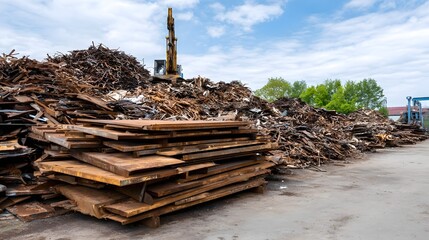 Large piles of rusty scrap metal at an industrial recycling yard with an excavator in the background under a cloudy blue sky