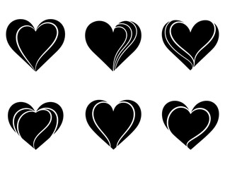 Set of six different black heart icons with white outlines