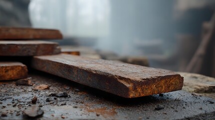 Close up view of rusty metal bars with a textured surface and misty industrial background
