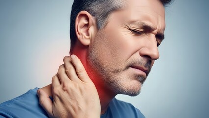 Fototapeta premium Healthcare and medical treatment for neck strain. Chronic pain management and anatomy. Mature man closing his eyes while holding his painful neck with a red inflammation glow