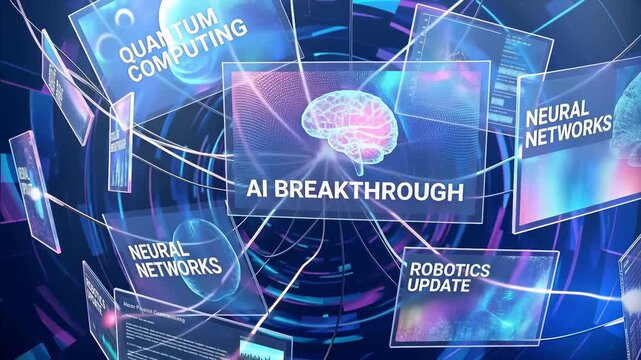 Interface displaying quantum computing and neural networks data visualizations. Panning camera movement across futuristic artificial intelligence breakthrough.