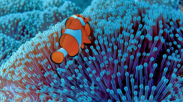 Vibrant clownfish swimming playfully among anemone tentacles in a tropical coral reef underwater scene for nature documentary footage
