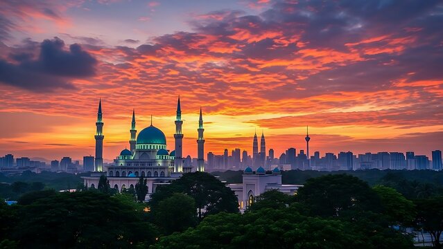 The Federal Territory Mosque Stands Majestically Under A Vibrant Sunset Sky, With The Kuala Lumpur City Skyline In The Background.