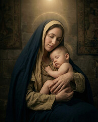 Virgin Mary holding sleeping Baby Jesus depicted in classical Renaissance oil painting style with halos