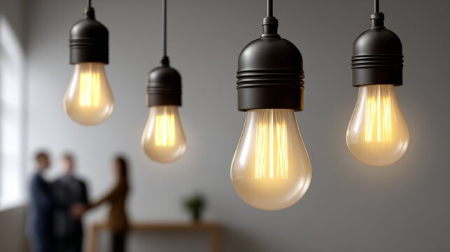 Elegant hanging light bulbs illuminate a modern workspace, creating a warm ambiance, with blurred figures of professionals engaging in conversation in the background, enhancing the atmosphere of colla