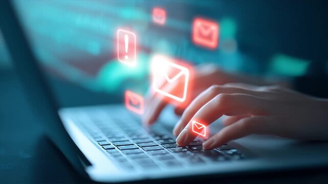 A close-up of hands typing on a laptop with glowing email notifications in a digital environment.