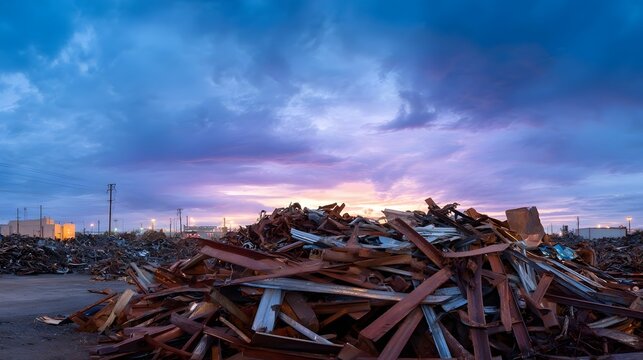 A scrap metal yard at twilight with a dramatic sky filled with colorful clouds
