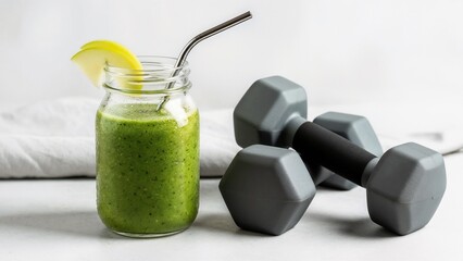 Green smoothie in a jar with straw beside gray dumbbells on table. Smoothie jar beside dumbbells.  