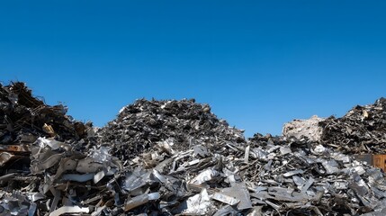 Industrial scrap metal heaps composed of sharp irregular pieces are piled high under a clear blue sky