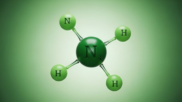 Molecular representation of triazine compound with nitrogen and hydrogen atoms on green background