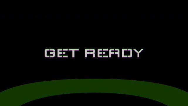 4k stock. Text animation glitch effect get ready black background digital display screen gaming ideal for game intros, loading screens, or instructional overlays.