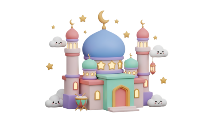 mosque cute pastel islamic mosque with crescent moons stars and clouds isolated on transparent background