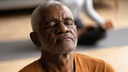 Elderly man deep in meditation practicing breathing exercises on a yoga mat in a serene atmosphere