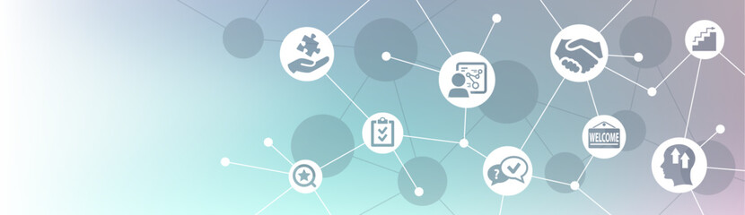 Onboarding vector illustration. Banner with icons related to new hire welcome, orientation, introduction, training or knowledge transfer / staff, employee, talent or team workflow management. 
