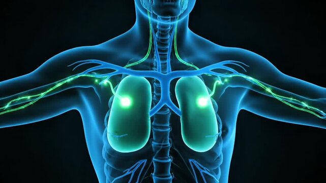 Detailed medical illustration of a human torso with glowing green lungs and lymph nodes on a green screen background.