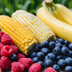 Bright harvest fruits arranged on rustic wooden table, elegant still life with soft background.