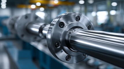 Close-up view of a polished metal shaft with flanged ends, showcasing intricate details and reflections, set against a blurred industrial background, emphasizing precision engineering and craftsmanshi