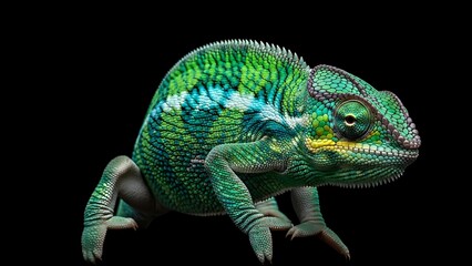 Fototapeta premium Vibrant Green Chameleon on Black Background.
