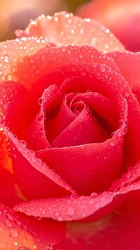 Pink rose with water droplets shining in the sunlight surrounded by green leaves in a garden during the morning hours
